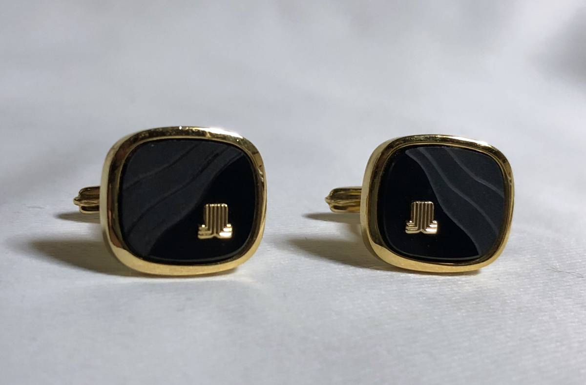 正規美レア ランバンLANVIN ヴィンテージ ロゴスクエアカフス黒×金 ブラック×ゴールド アンティークカフリンクス アイコンブロックボタン拍卖