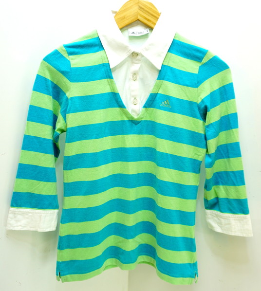 ●アディダス adidas 水色×緑 ボーダー 七分丈 レディース 細身 トップス シャツ M●AA拍卖