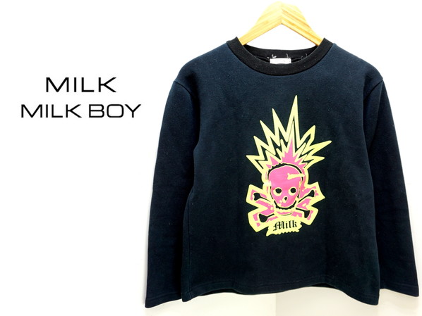 MILK ☆ ミルク ☆ スカル カミナリ プリント トレーナー ショート丈 ブラック M相当 ポップでクール♪ さらっと一枚で主役◎ 古着MIX●DE拍卖