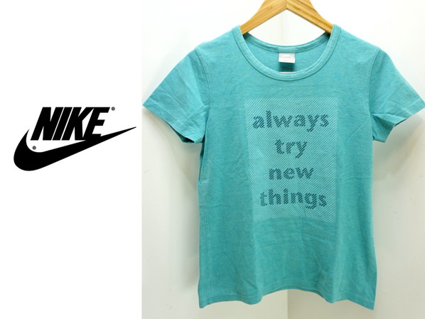 ナイキ ☆ NIKE メッセージプリント 細身 半袖 Tシャツ ライトブルー・グリーン系 レディース M ランニング トレーニング 運動に最適♪●J拍卖