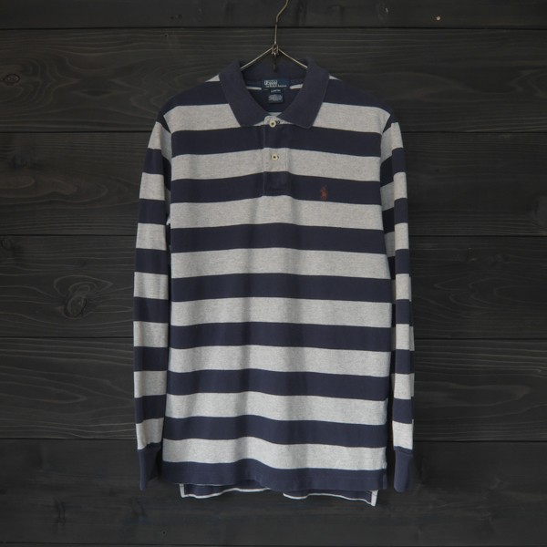 ★RALPH LAUREN★ラルフローレン★ボーダーロングスリーブポロ★グレー×ネイビー★L(16-18)メンズMサイズ相当拍卖