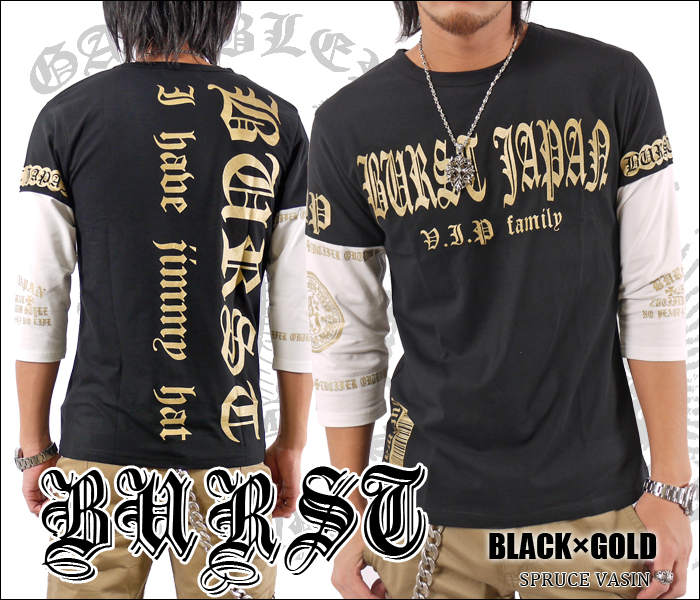 【BURST JAPAN】V.I.P. Family 袖切替/ブランドロゴプリント7分袖Tee【ブラック×ゴールド】【70545】新品M拍卖