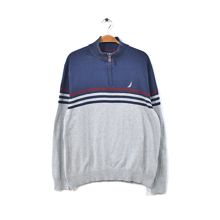 【送料無料】ノーティカ ハーフジップ コットンニット セーター ボーダー ネイビー グレー NAUTICA ニット アメカジ メンズL CH0965拍卖