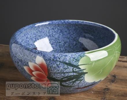 超人気☆睡蓮鉢。綺麗な陶器製、メダカ、金魚、水性植物、手描きの逸品 ☆径41cm 拍卖