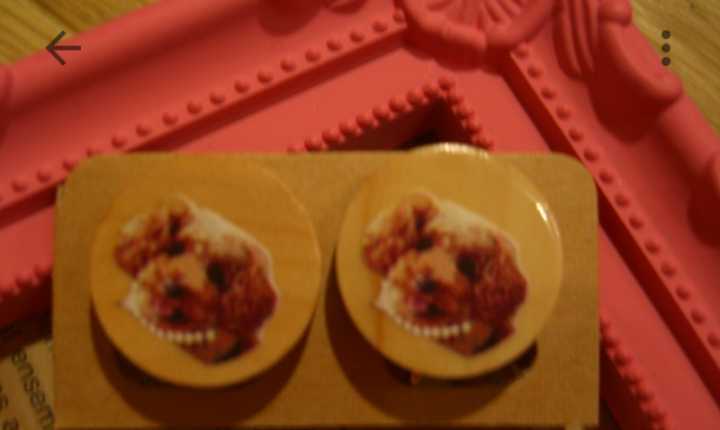 即決☆可愛い☆未使用☆ウッドプリント イヤリング ネックレスを付けたプードル犬 木 イヌ いぬ 定型外140円☆拍卖