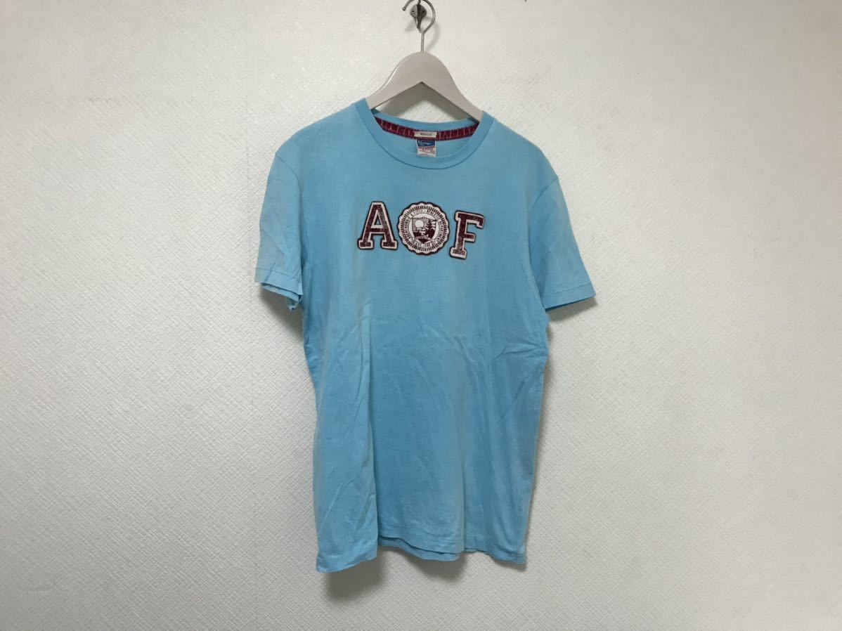 本物アバクロンビーアンドフィッチAbercrombie&fitchコットンロゴプリント半袖TシャツメンズアメカジミリタリーサーフL青ブルーマカオ製拍卖
