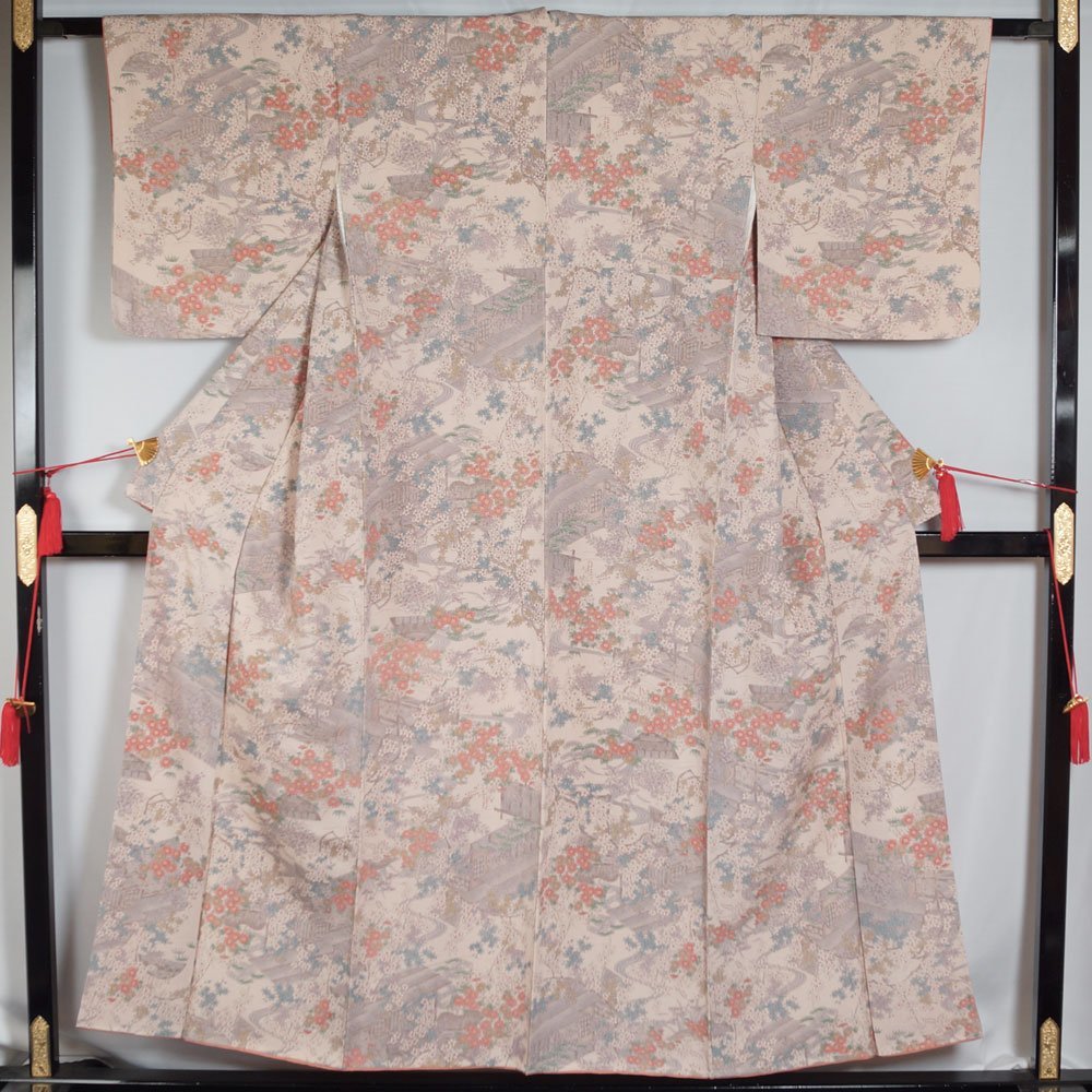 小紋 未使用品 茶屋辻模様 Mサイズ 洗柿色系 正絹 ちりめん 小紋 着物 中古 仕立て上がり リサイクル着物 京都きもの天陽拍卖