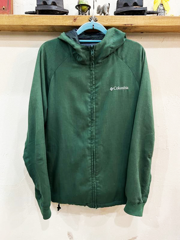E61★Columbia/コロンビア リバーシブルナイロンジップジャンパー ライトアウター グリーン×チェック メンズMサイズ アウトドア USED ★拍卖