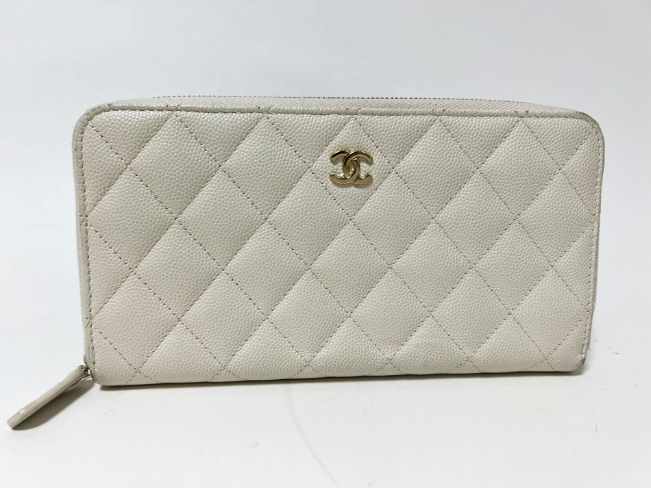送料無料 CHANEL シャネル キャビアスキン マトラッセ ラウンドファスナー財布 長財布 ホワイト シルバー金具 31番台拍卖