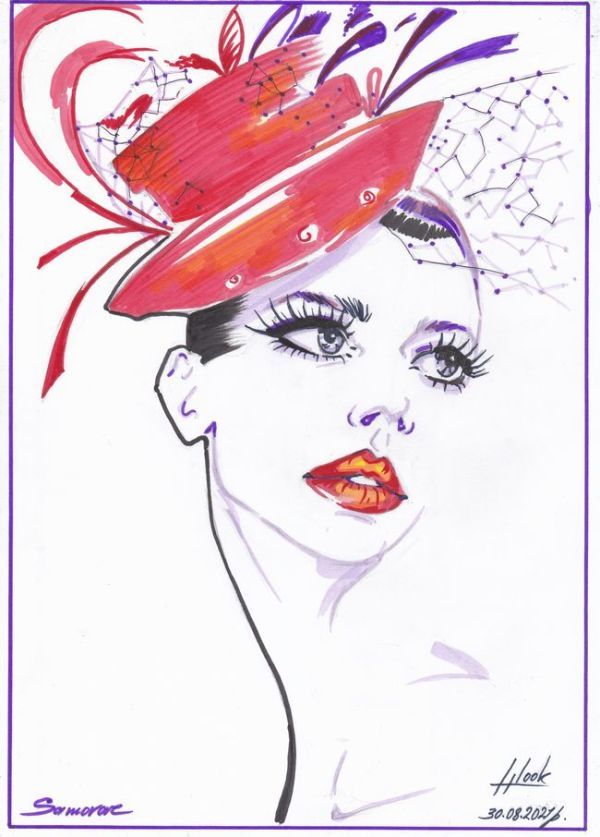 ☆☆☆マーカー画 表現主義者の描いた生き生きとした女性  「赤い帽子」拍卖