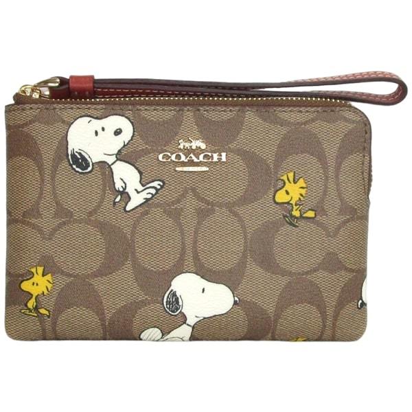 コーチ×ピーナッツ CF214カーキ×赤茶 コーナー ジップ リストレット シグネチャー スヌーピー ウッドストック★アウトレット★本物★新品拍卖
