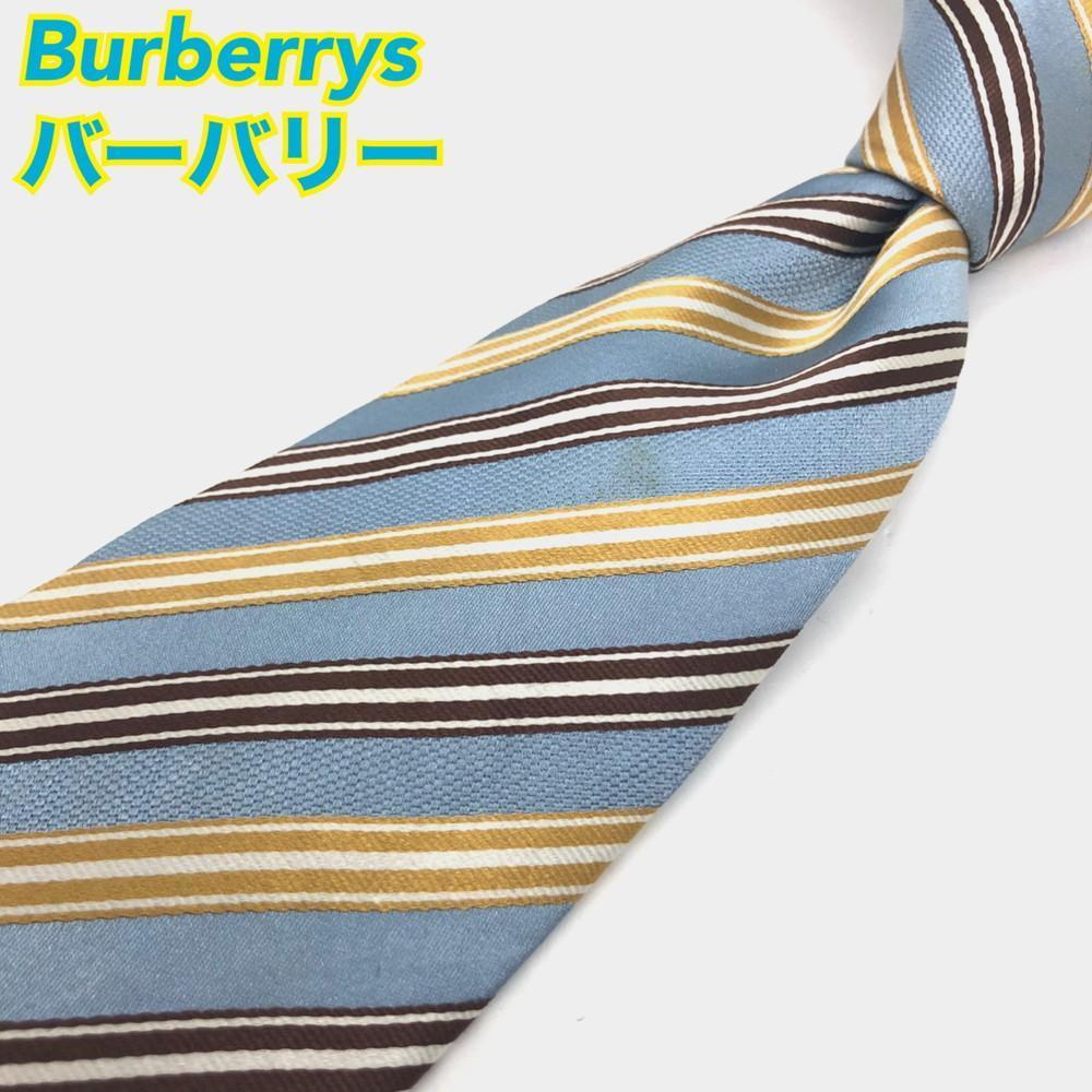Burberrys ネクタイ 高級シルク イタリア製 ストライプ 水色 金色拍卖
