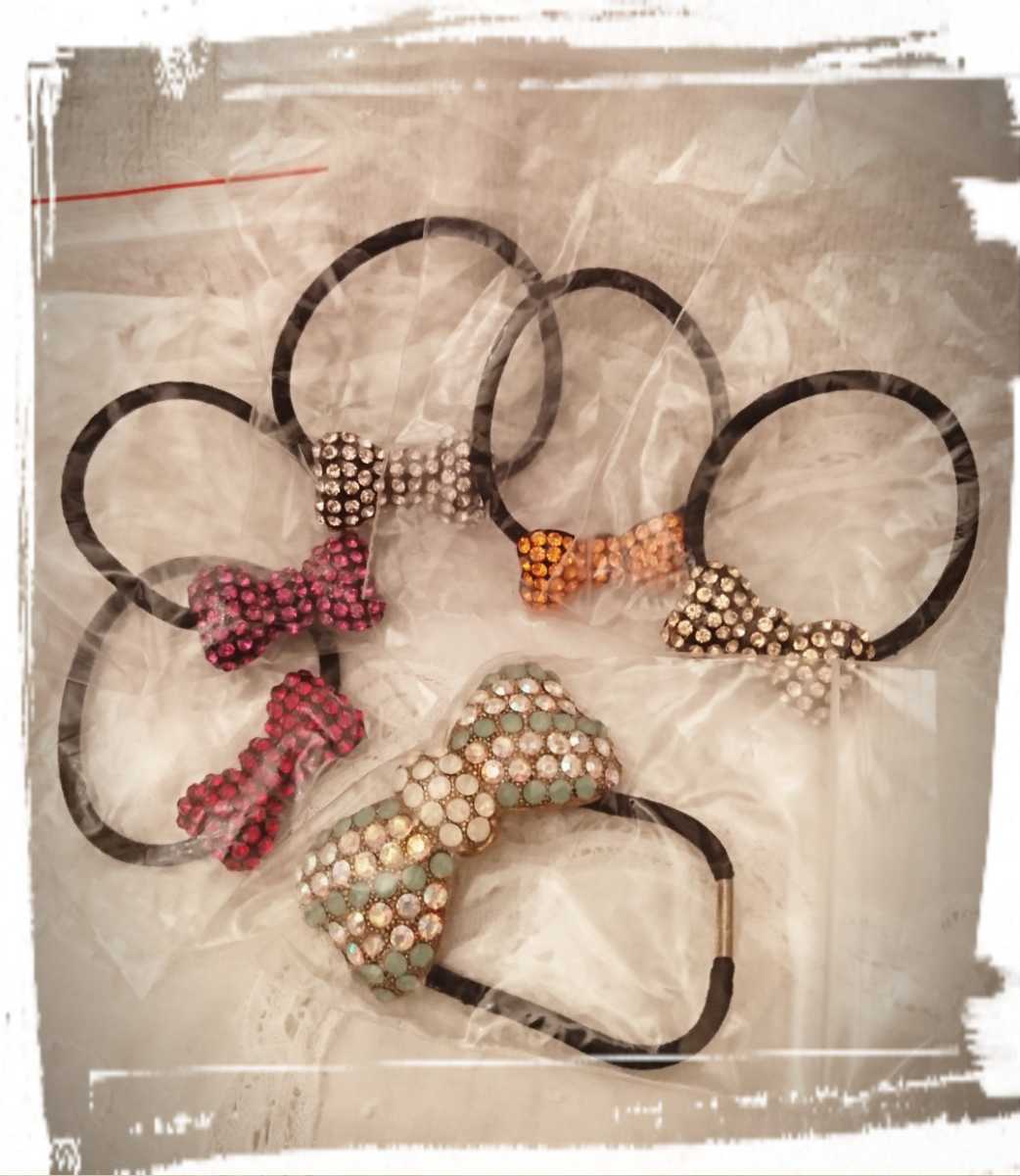 おリボンのヘアゴム★全6品★様々なカラーのクリスタライズやスワロが綺麗!★メタル金具ゴールド/ブラック★未使用保管品★送料込み(^^)v拍卖
