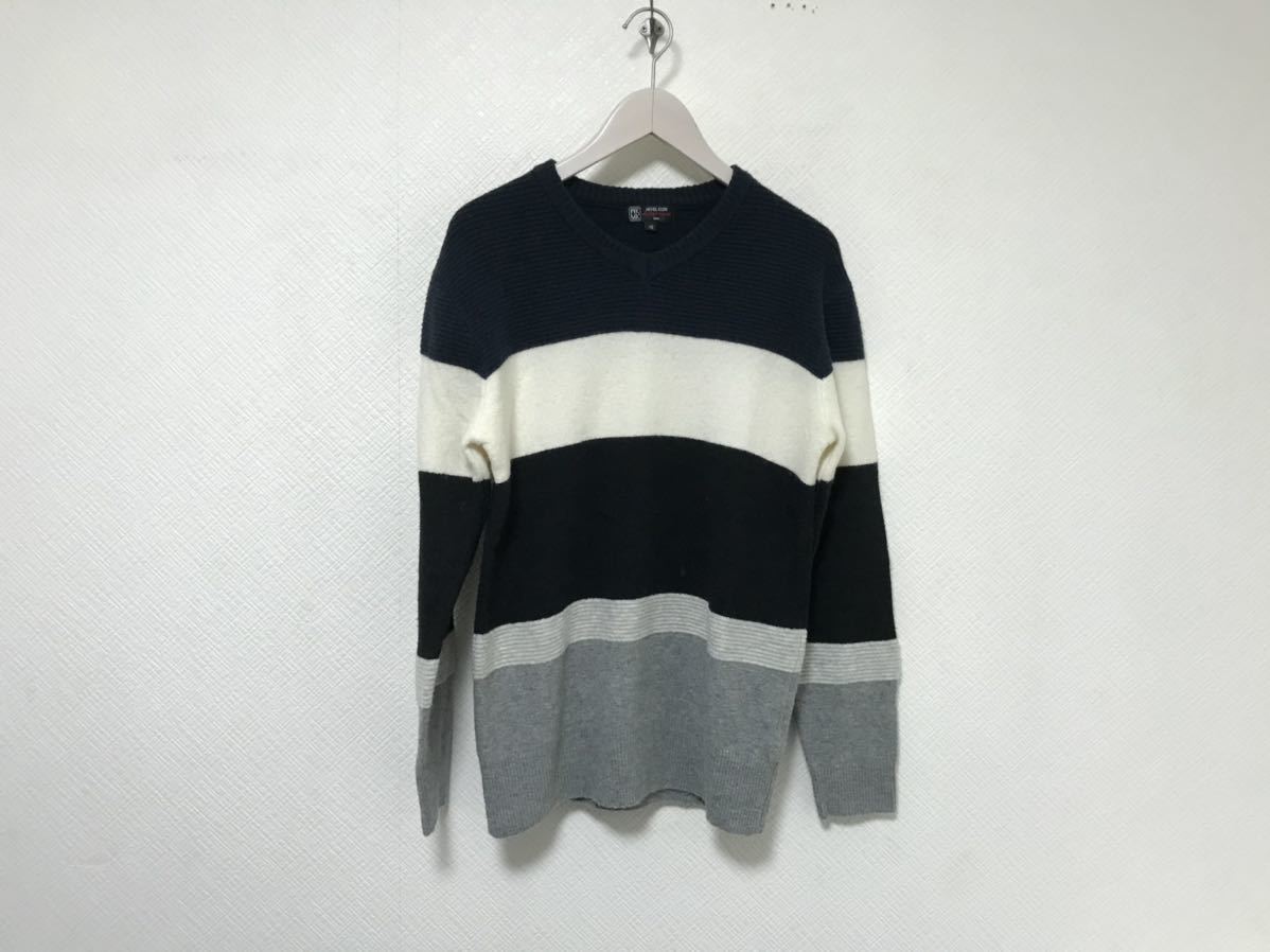 本物ミッシェルクランオムMICHEL KLEIN hommeボーダー柄VネックニットセーターメンズサーフビジネスLスーツ48紺白黒ヤク拍卖