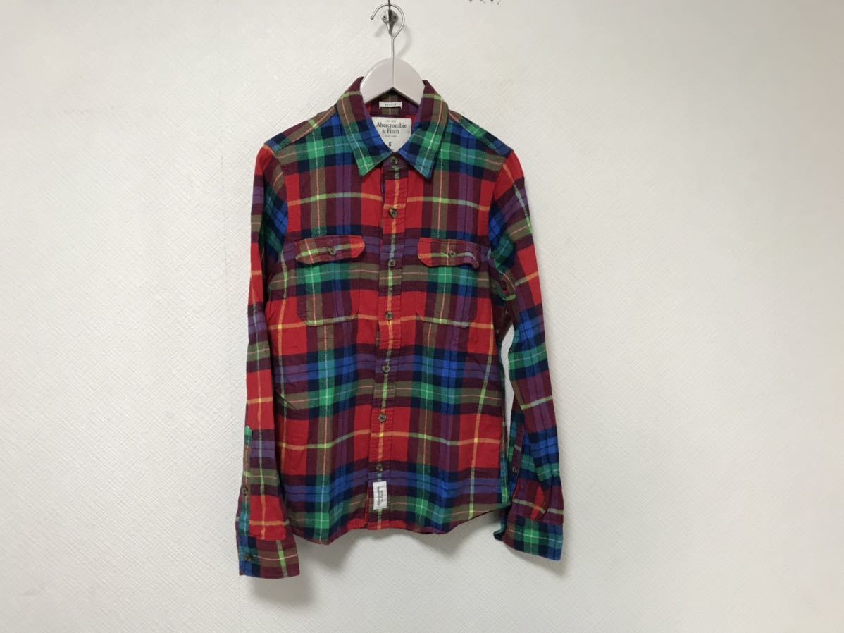 本物アバクロンビーアンドフィッチAbercrombie&Fitchコットンチェック柄長袖ネルシャツメンズアメカジサーフワークS赤青緑カラフル拍卖
