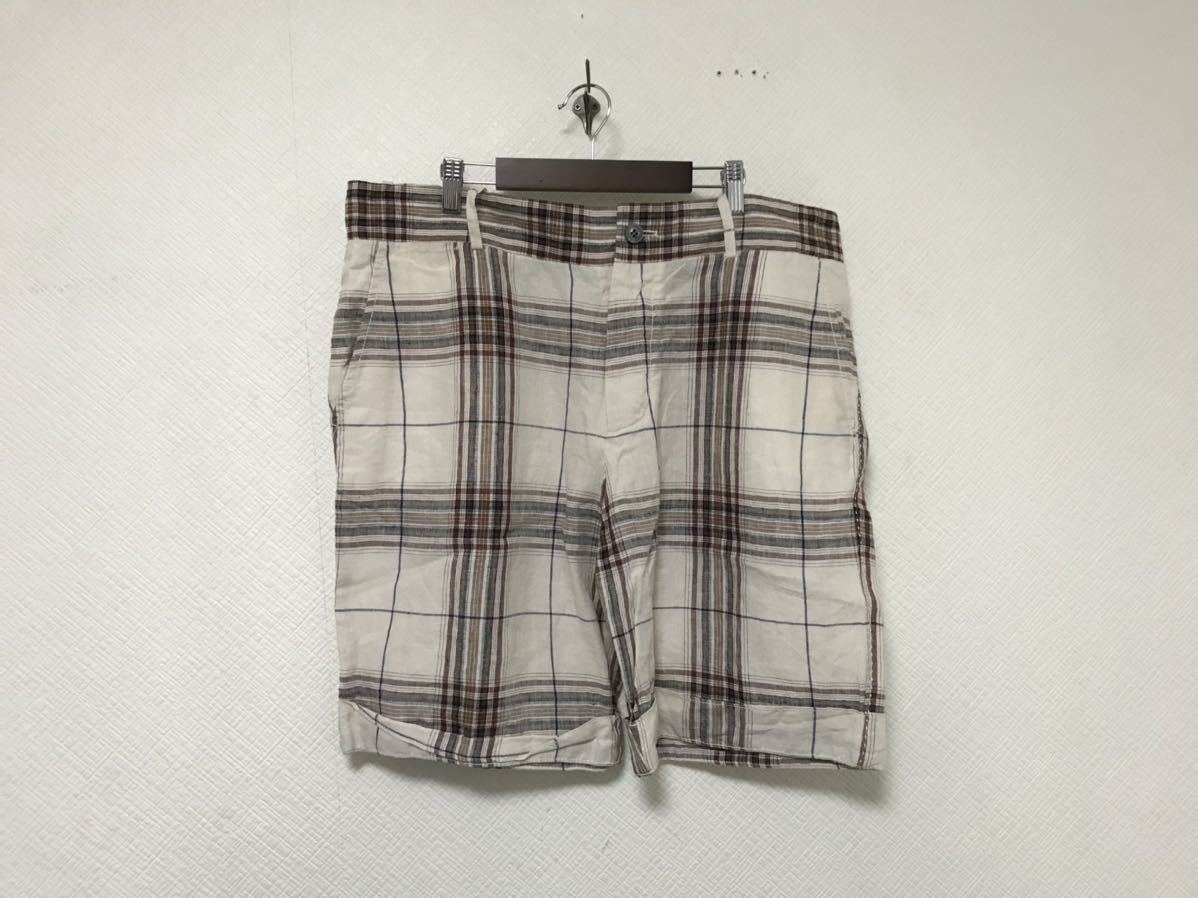 本物ザラマンZARAMANリネン麻チェック柄ハーフショートワークパンツビジネスアメカジメンズミリタリ32白ホワイトL拍卖