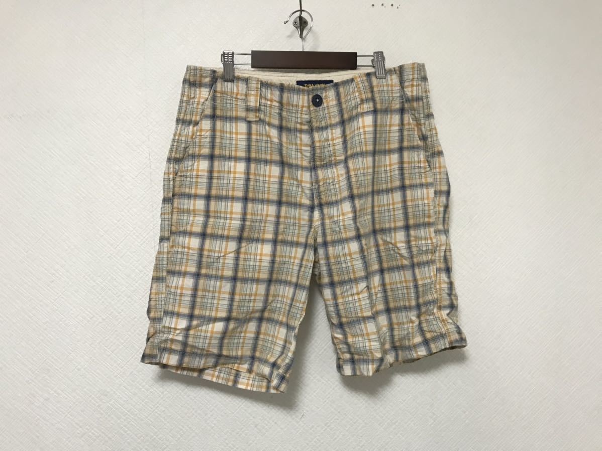 本物ザラZARAコットンチェック柄ハーフショートワークパンツビジネスアメカジメンズミリタリ32白ホワイトイエローLトルコ製拍卖