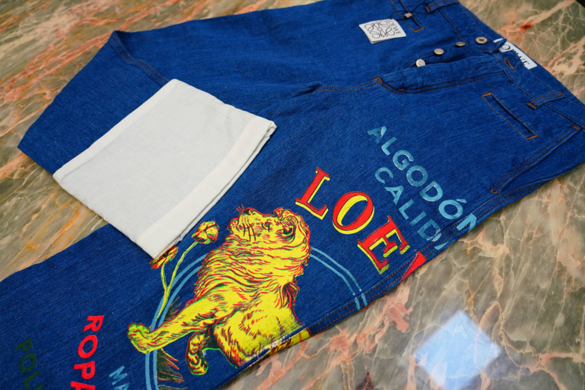 新品 ★ ロエベ LOEWE 2019SSコレクション リネン プリント デニム ジーンズ(46)トラウザーズ ★ カッコいいパンツを履こう!拍卖