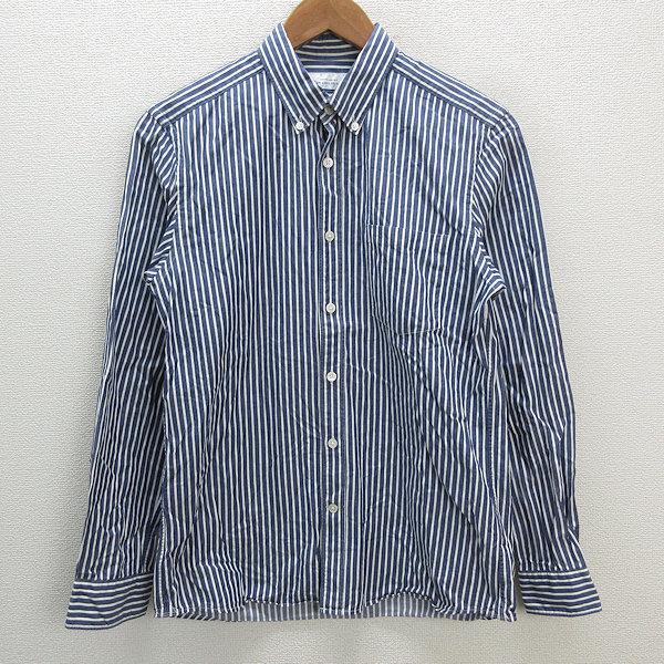 s■日本製■ユナイテッドアローズ/GLR ストライプ柄 長袖BDシャツ【M】白 紺系/MENS/107【中古】拍卖