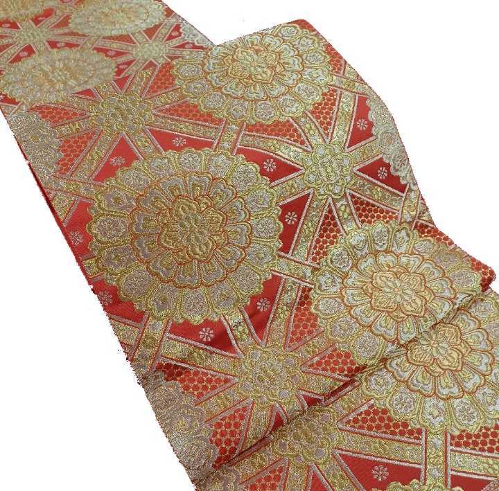 鋤④)六通柄 袋帯 金銀糸 フォーマル 成人式 式典 和装小物 着物 帯 オレンジ 金 銀 ゴールド (22117)拍卖