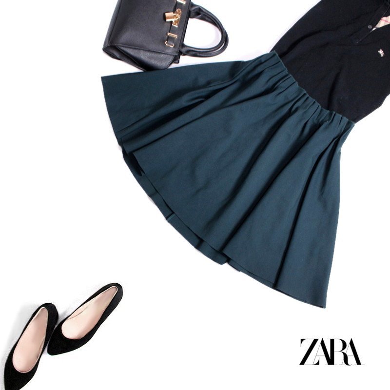 美品 ZARA BASIC ザラ ベーシック ■ 秋 冬 合物 厚手 ジャージー素材 シンプル ギャザー フレアスカート S ダークグリーン 緑拍卖