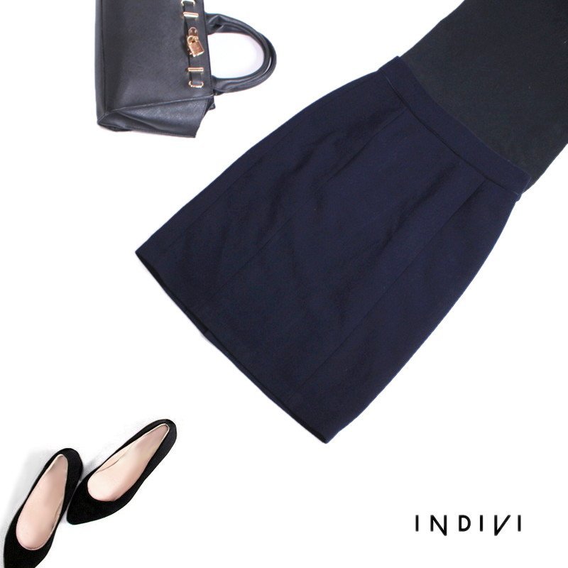 インディヴィ INDIVI 株) ワールド ■ 秋 冬 厚手 毛29% 定番 上品 膝下丈 スーツスカート タイト ウールスカート 36 7号 ネイビー 紺拍卖