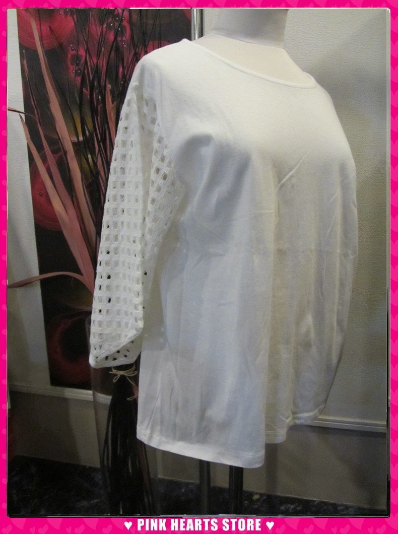 新品レディース◇BONNE CHANCE 袖格子レースTシャツ オフホワイト 37-1231拍卖