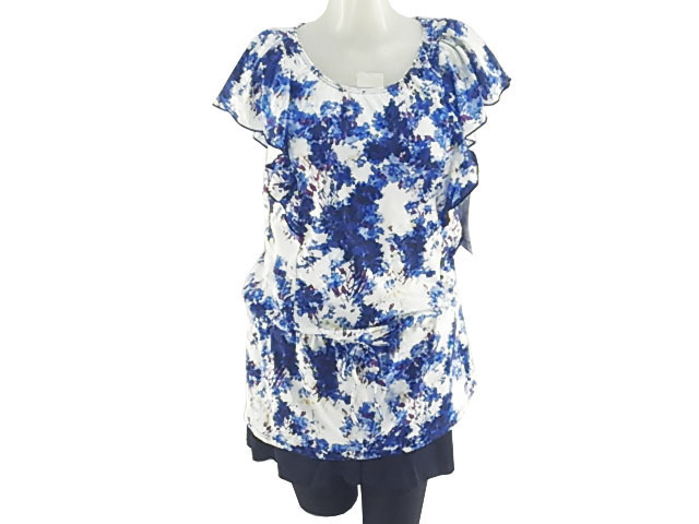 レディース水着 3点セット 体型カバー 13号 Lサイズ 花柄 ネイビー拍卖