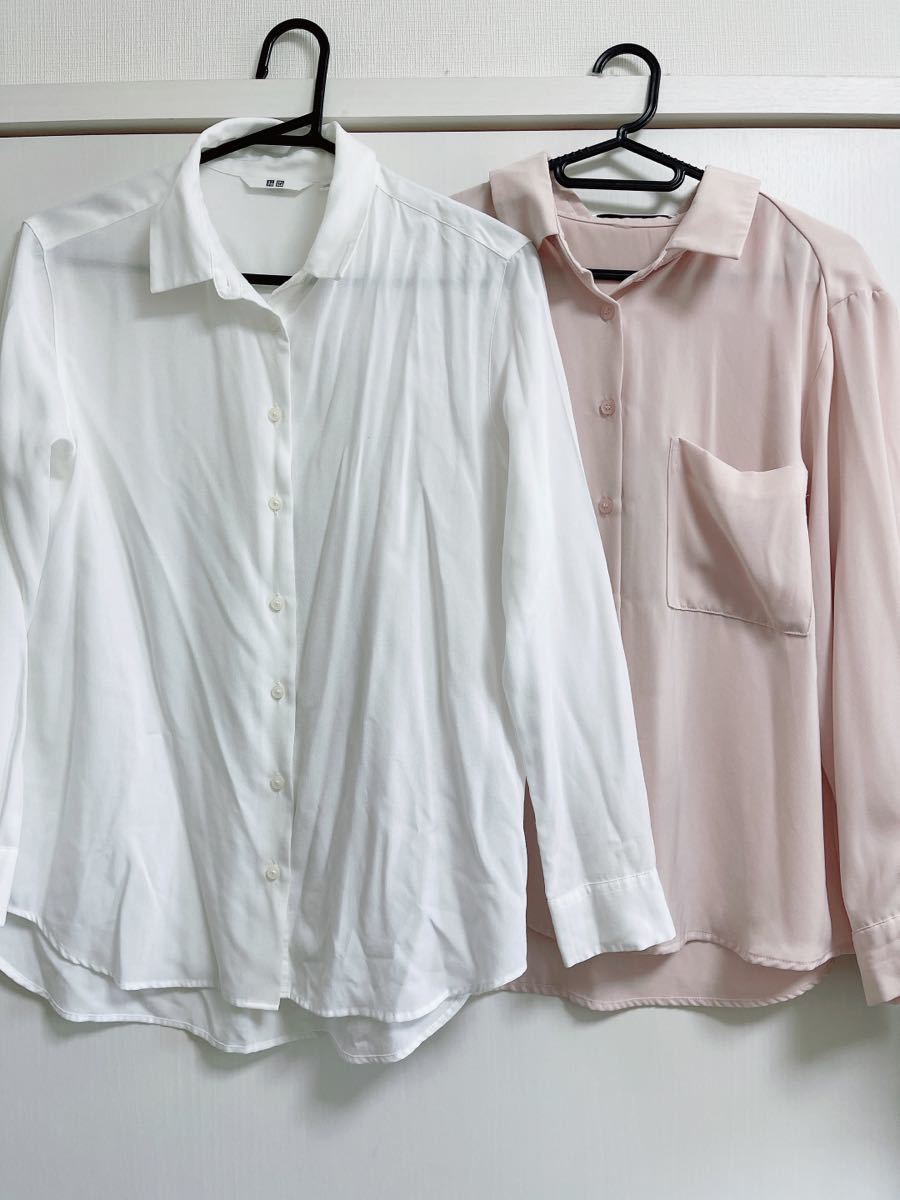 ユニクロ GRL 長袖 ブラウス シャツ ホワイト ピンク拍卖