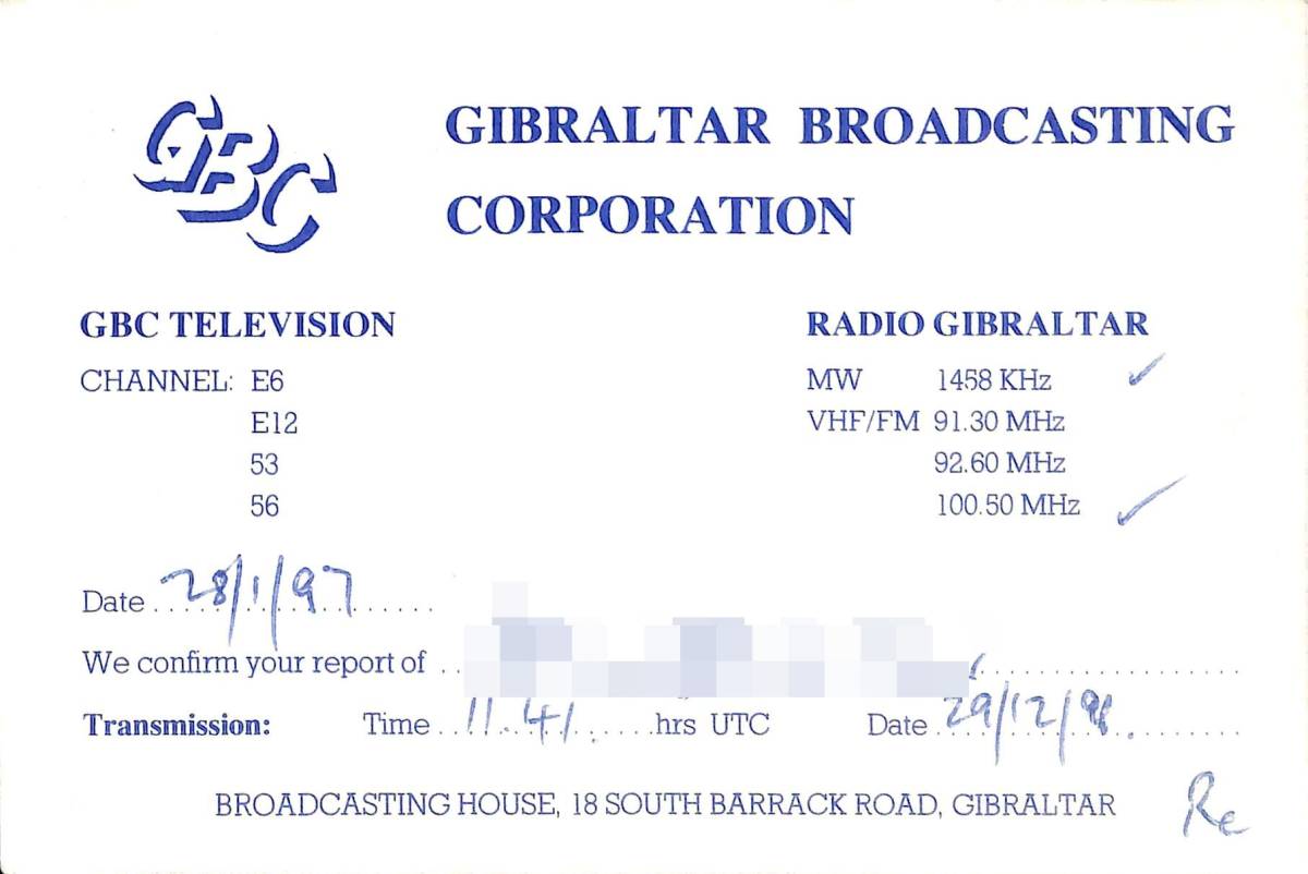 即決★送料込★BCL★難局★入手困難★希少ベリカード★GBC・ジブラルタル放送★イギリス領★1997年拍卖