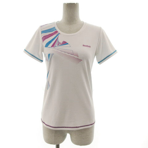 リーボック Reebok Tシャツ 半袖 スポーツウェア ロゴプリント 総柄 ホワイト 白 ブルー 青 ピンクパープル S レディース拍卖