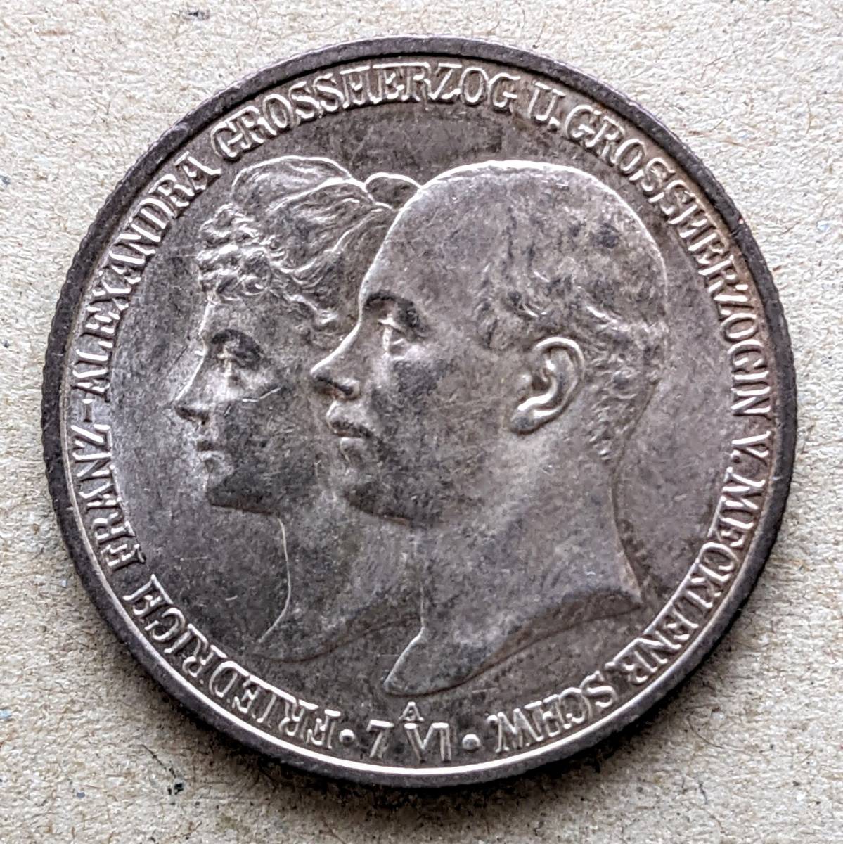 1904年 ドイツ メクレンブルク シュヴァリーン フリードリヒ フランツ4世 ご成婚記念 2マルク 銀貨 EF ベルリンミント拍卖