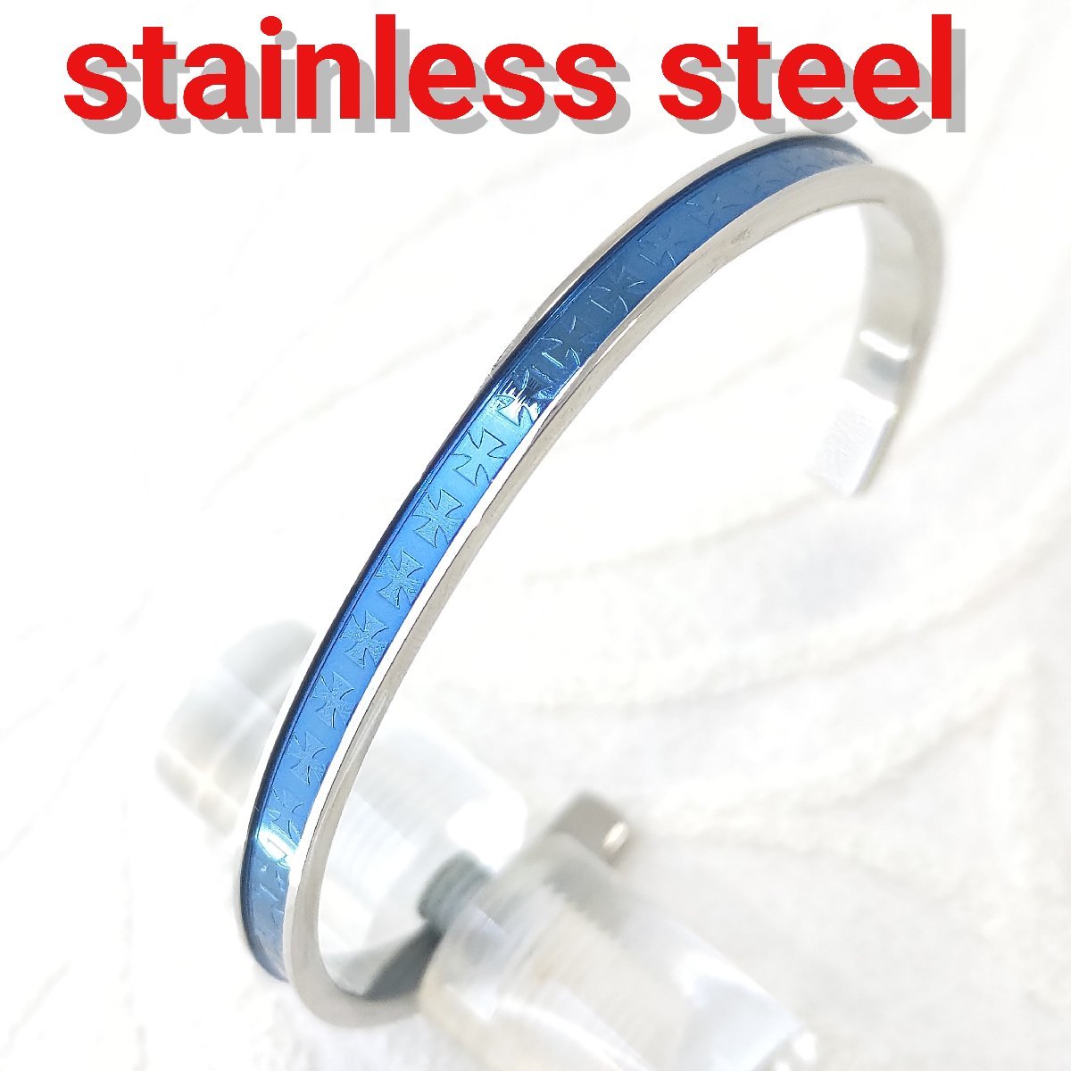 ステンレスバングル ブルーライン 5mm幅 クロス/十字架デザイン 激安 サージカルステンレス プレゼントにも拍卖
