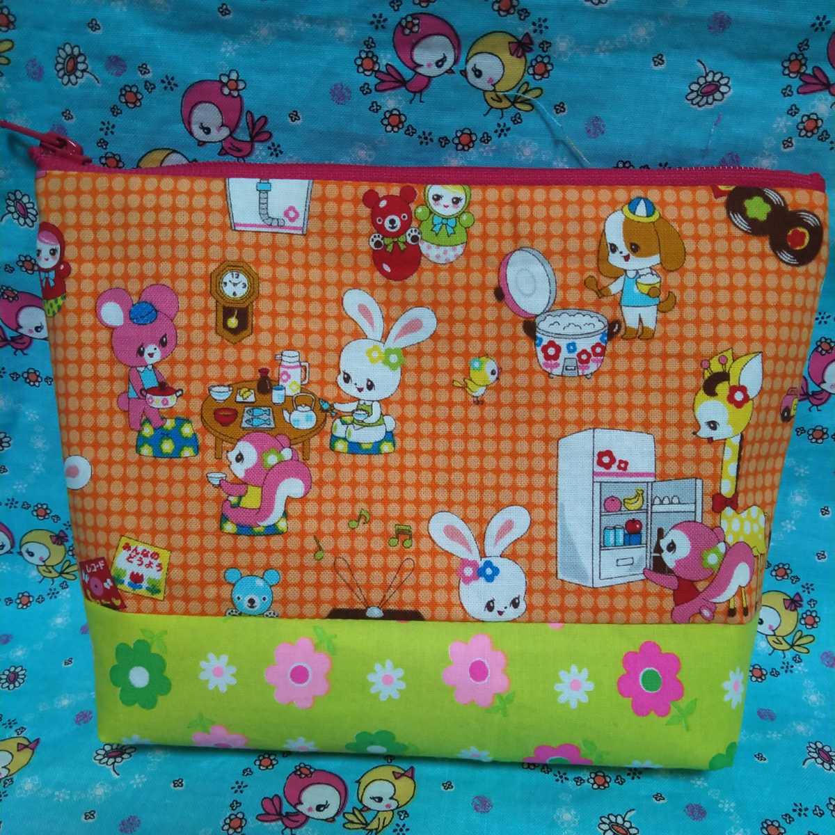 1D-22 昭和レトロアニマルはいから横町ピンクス パッチワークファスナーポーチ はいから横丁 ハイカラpinks拍卖