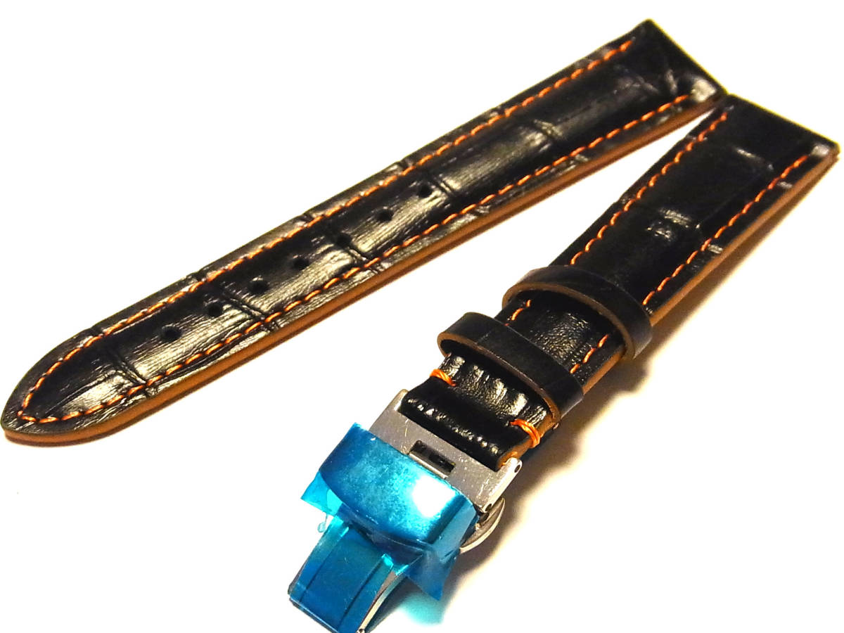高品質 クロコダイル型押 黒 橙st ペルラージュ跳ね上がりDバックル 18mm 32CR2918拍卖