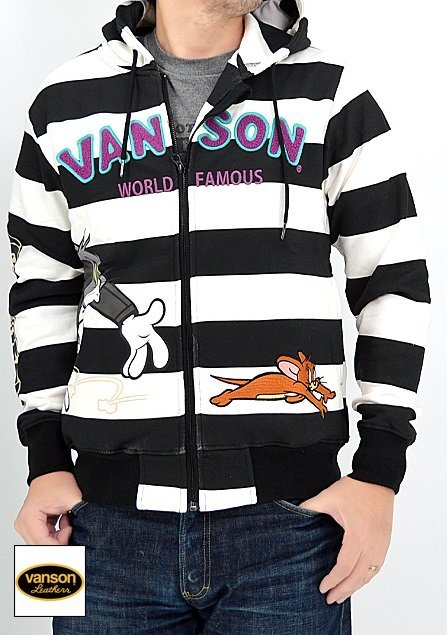 vanson×TOM&JERRYコラボ 裏毛フルジップパーカー◆vanson ボーダーLサイズ TJV-2237 バンソン ヴァンソン トムとジェリー 刺繍拍卖