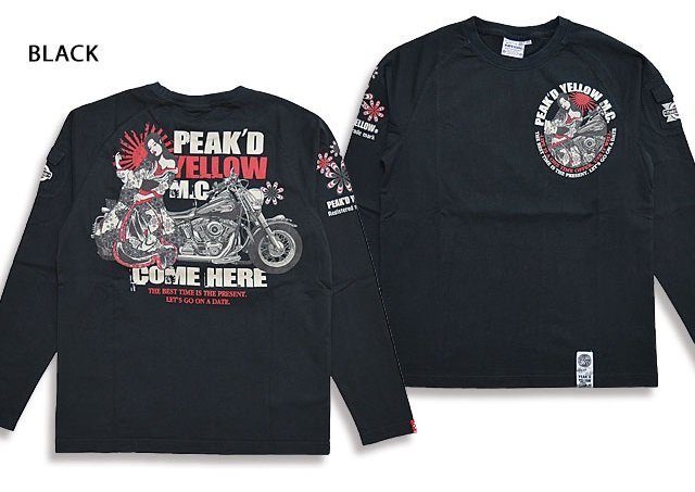 バイクロングTシャツ◆Peak'd Yellow ブラックMサイズ(サイズ40) PYLT-234 ピークドイエロー 和柄 和風 姉御 着物 ロンT 長袖 エフ商会拍卖