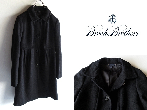 美品 高級 Brooks Brothers ブルックスブラザーズ ウールメルトン タック ステンカラーコート 0 黒 ブラック 国内正規品拍卖