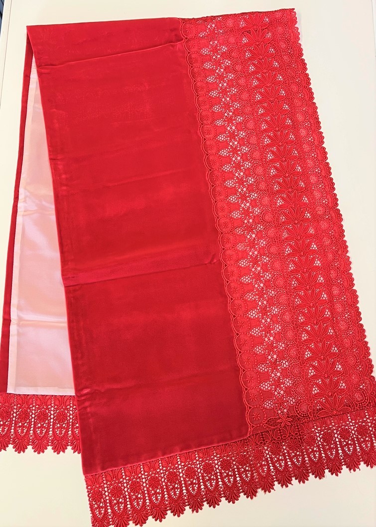 花とら●リサイクル和装小物 ショール 和装 洋装 赤 レース ベロア リメイク 素材 細工用 221102拍卖