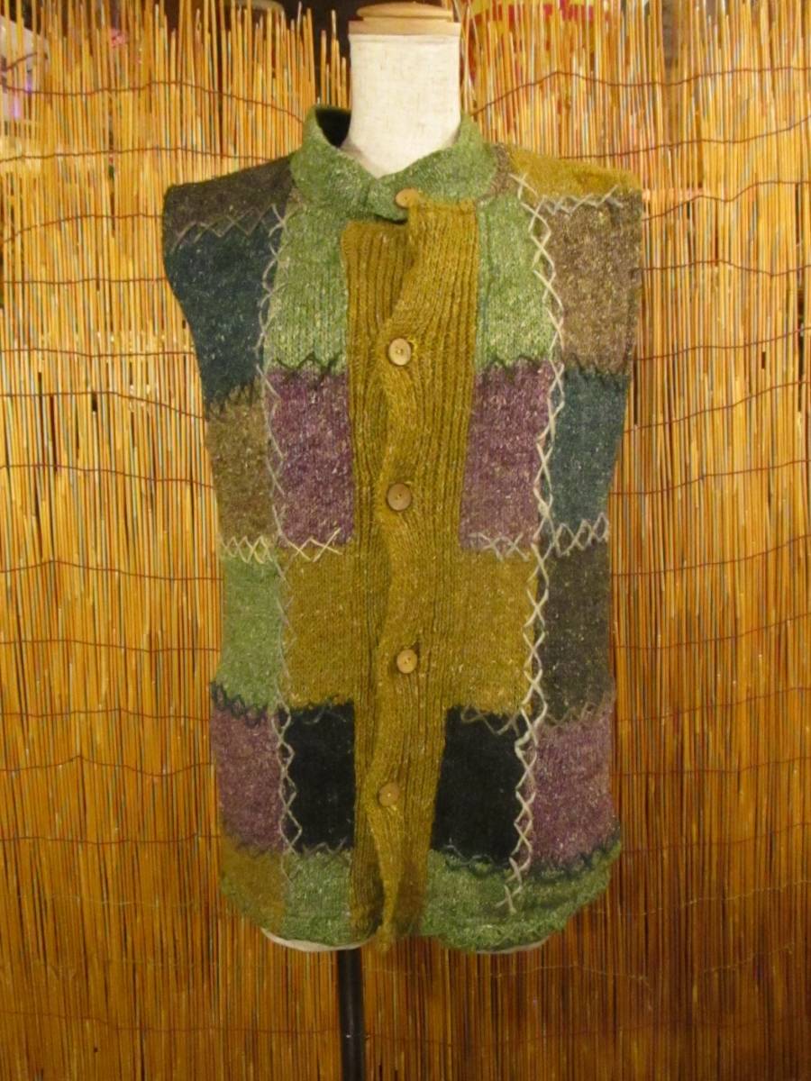 ①新品*ヘンプウール素材*裏フリース*小さめサイズ*切り替えカラー*前開きベスト拍卖