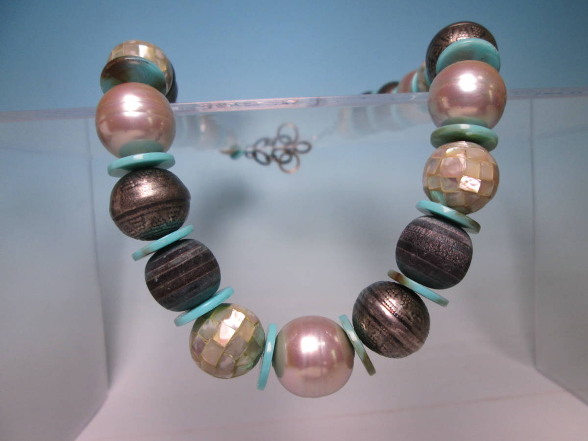 ☆彫金細工パール/シルバー/ブルー/デザインネックレス 104g拍卖