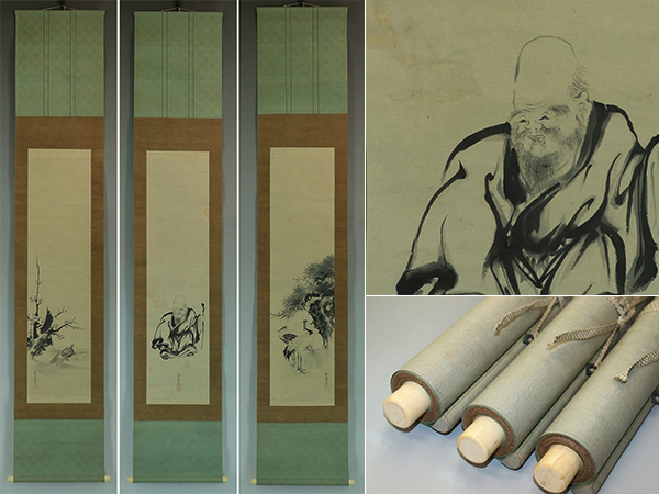 【真作】狩野常信【三対幅・慶祝図】◆紙本◆合箱◆掛軸 u09073拍卖