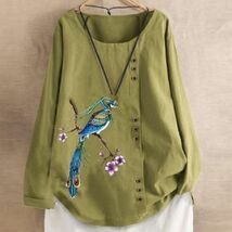 JHW66★M-4XLサイズ♪秋新作 カジュアル ブラウスシャツ 大きいサイズ 綿麻 ゆったり プリント柄 切り替え おしゃれ 長袖 チュニック*黄拍卖