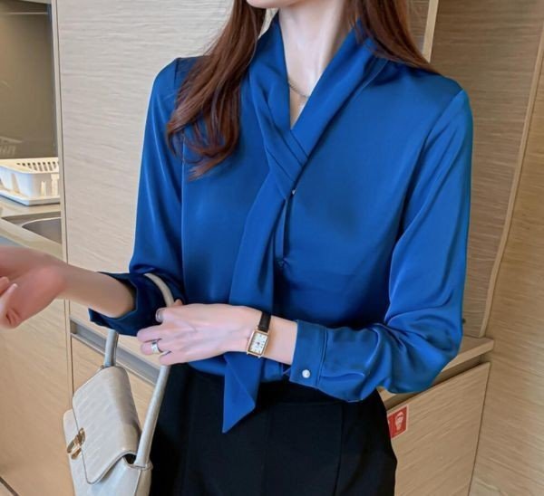 JHW54★S-2XLサイズ ♪ エレガント シフォン こなれ感 レディース203040代 通勤 大人 長袖 ブラウスシャツ * ブルー拍卖