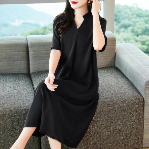 PYD2227★M-3XLサイズ♪夏新作 ワ ワンピ優雅で 気質感 無地ック 大きいサイズ 半袖 ロングーオフィス通勤 大人 Vネンピース * 黒拍卖