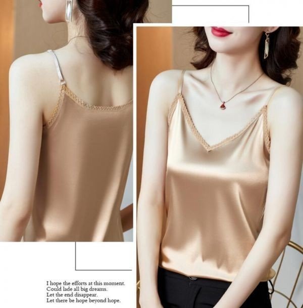 PYD2237★S-3XLサイック つるつる シャツ トップス *ズ♪エレガント Vネ シャンサテン素材 大人 ノースリーブ ブラウスパン色拍卖