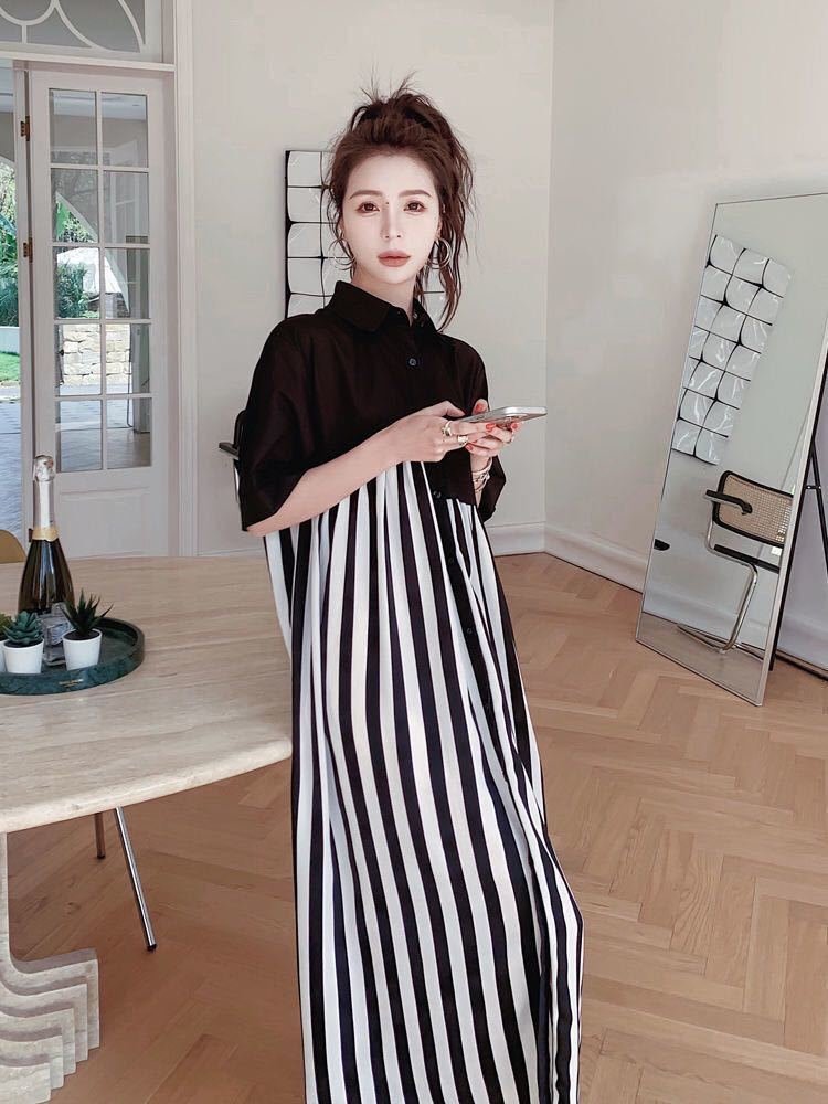 cxr192★レディース シャツワンピ ロングワンピース 夏 ストライプ柄 ゆったり 半袖 大きいサイズ 可愛い拍卖