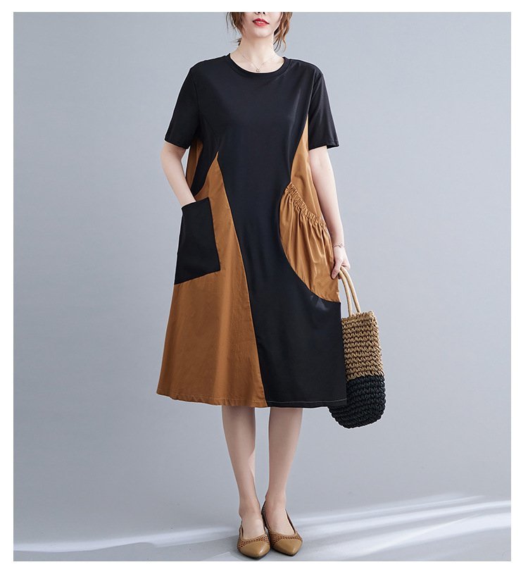 PYD2000★春夏 薄地 ひトロ 無地 カーキ×ブラッ丈ドレス ワンピース 新品 大き レク いサイズ 体型カバー ゆったり拍卖