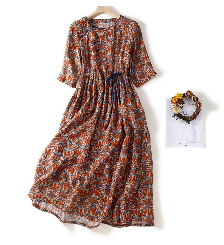 PYD1976★ワンピース レ プリント 体キシ 着痩ディース ラウンドネック 花柄せ 型カバー 半袖 春 夏 ロング マL ウエストリボン付き拍卖