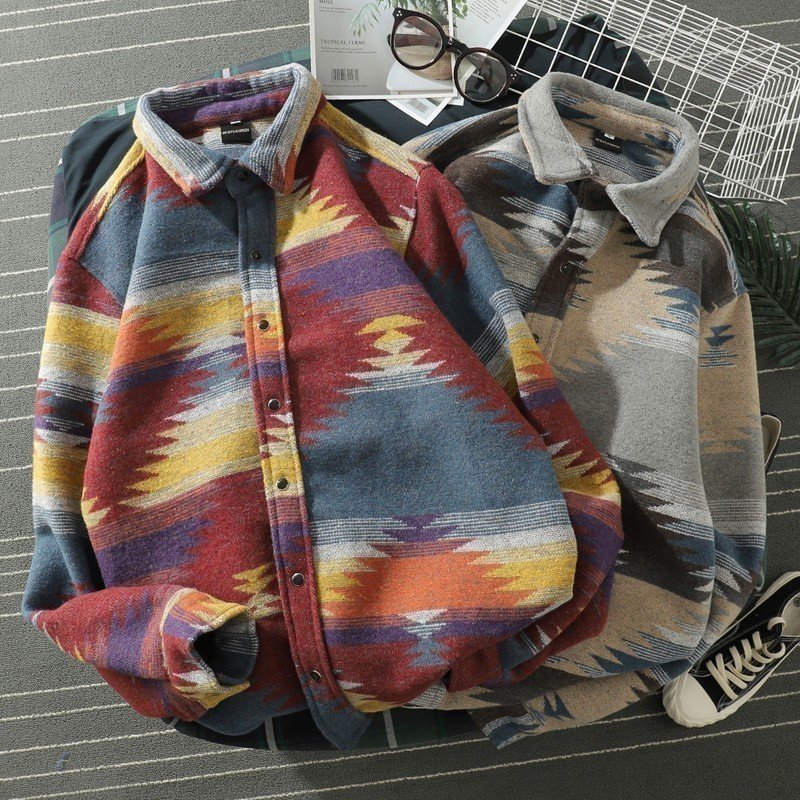 cjx1005★秋冬新品 暖か厚生地 民族ネイティブ オルテガ MIXカラー ネルシャツ ジャケット メンズ トップス M~XXL レッド拍卖